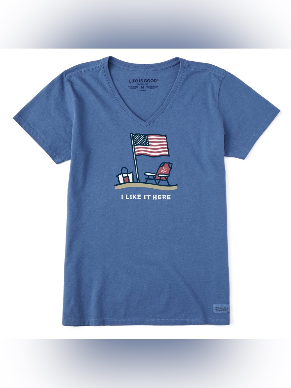 LIFE IS GOOD I LIKE IT HERE AMERICA SHORT SLEEVE CRUSHER V-NECK T-SHIRT BLUE L